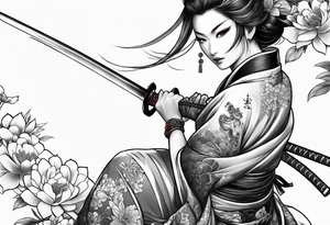 samuri with katana on top of a japanese beauty female tattoo idea