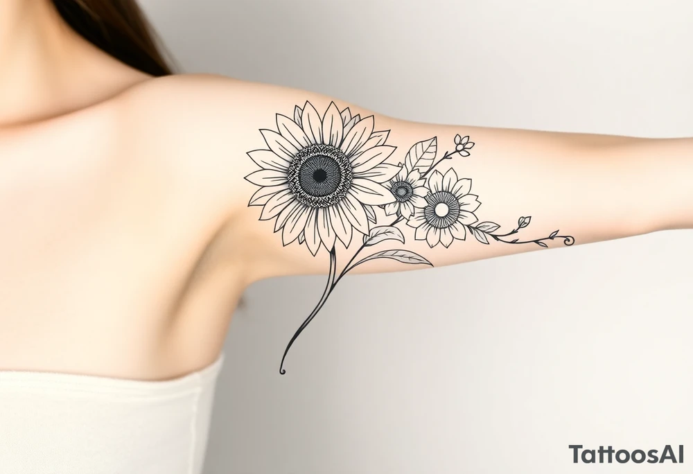 Stylized sunflower on a wild flowy vine with Bohemian mandalas incorporated tattoo idea
