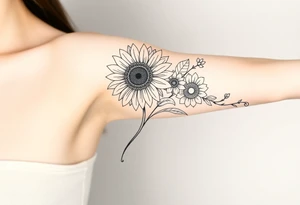Stylized sunflower on a wild flowy vine with Bohemian mandalas incorporated tattoo idea