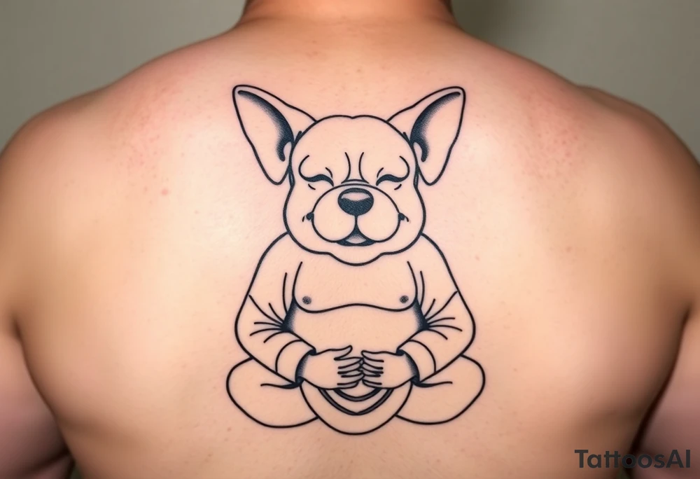 Meditating fat Buddha with happy dog head with floppy ears tattoo idea