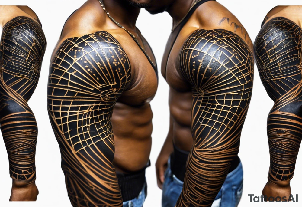 Design a powerful inner bicep tattoo for a dark-skinned black male featuring Anansi the Spider from Ghanaian mythology. Anansi is depicted weaving a web made from bright, crackling lightning bolts. The web extends outward from the center of the design, creating an intricate, flowing pattern. The lightning web should be sharp and dynamic, symbolizing energy and power, while Anansi sits calmly at the center, representing wisdom and control.

The spider should have a stylized, bold appearance, with strong, clean lines that stand out on dark skin. The lightning bolts in the web should feature bright, vivid colors like electric blue or white, contrasting well against the dark skin tone. Surrounding the web, subtle clouds or storm elements should fade into the background to create depth and dimension without overpowering the central design. Ensure that the web and lightning bolts are the primary focus, with fine detail that reflects both strength and intellect.”
Inner bicep tattoo idea