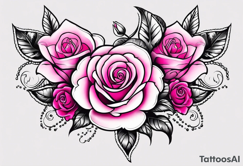 Floral leg piece with beading and lace tattoo idea. pink.hot pink, old school style roses, monochromatic pinks, old school flowers tattoo idea