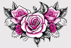 Floral leg piece with beading and lace tattoo idea. pink.hot pink, old school style roses, monochromatic pinks, old school flowers tattoo idea