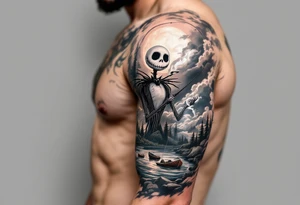 jack skellington fishing, smoking a blunt, clouds, boats, pine trees tattoo idea