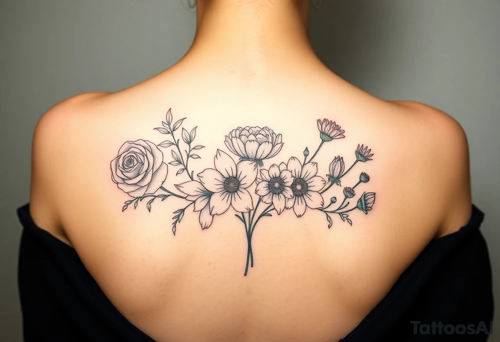 Bouquet of al these flower; Rose, carnation, lily, aster, larksper tattoo idea