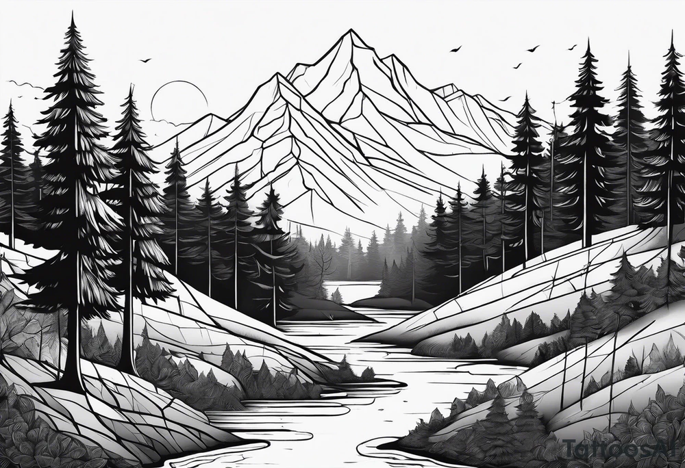 forest along the edges where there are fires below and in the distance with full trees tattoo idea