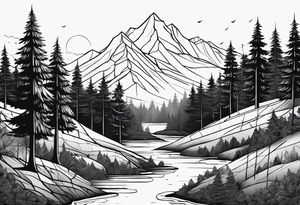 forest along the edges where there are fires below and in the distance with full trees tattoo idea