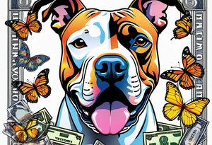american staffordshire with a butterfly, with pills, drugs, euro bank notes and currency, vbank cheques, police, walkietalkies tattoo idea