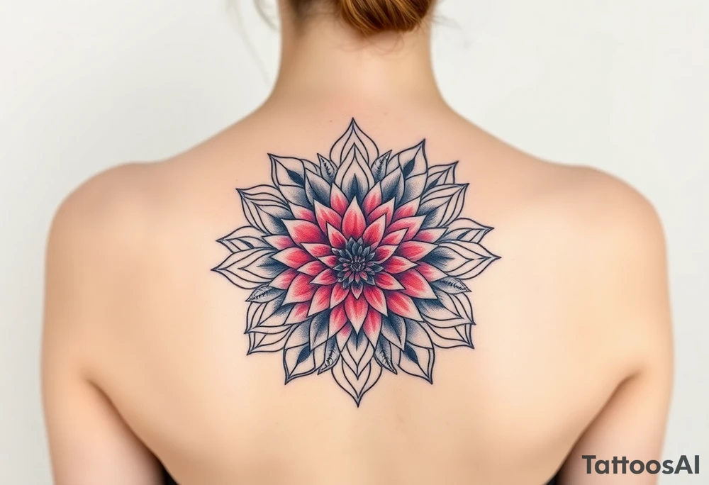 Long back mandala with a dahlia tattoo idea