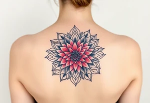Long back mandala with a dahlia tattoo idea