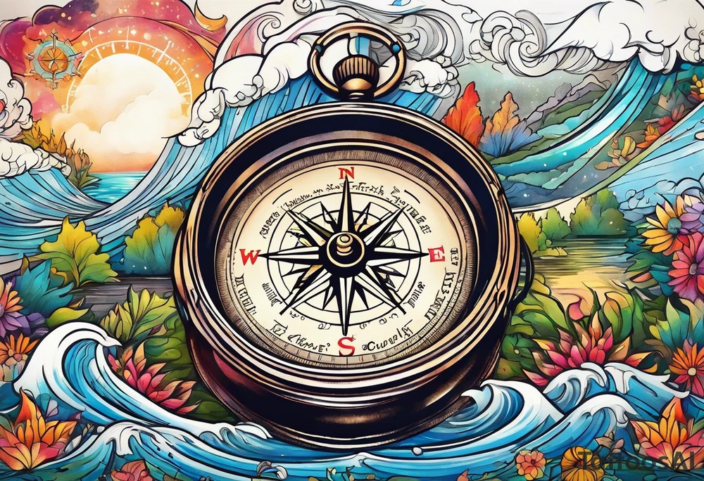 vintage compass with river falling over it tattoo idea