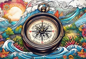 vintage compass with river falling over it tattoo idea