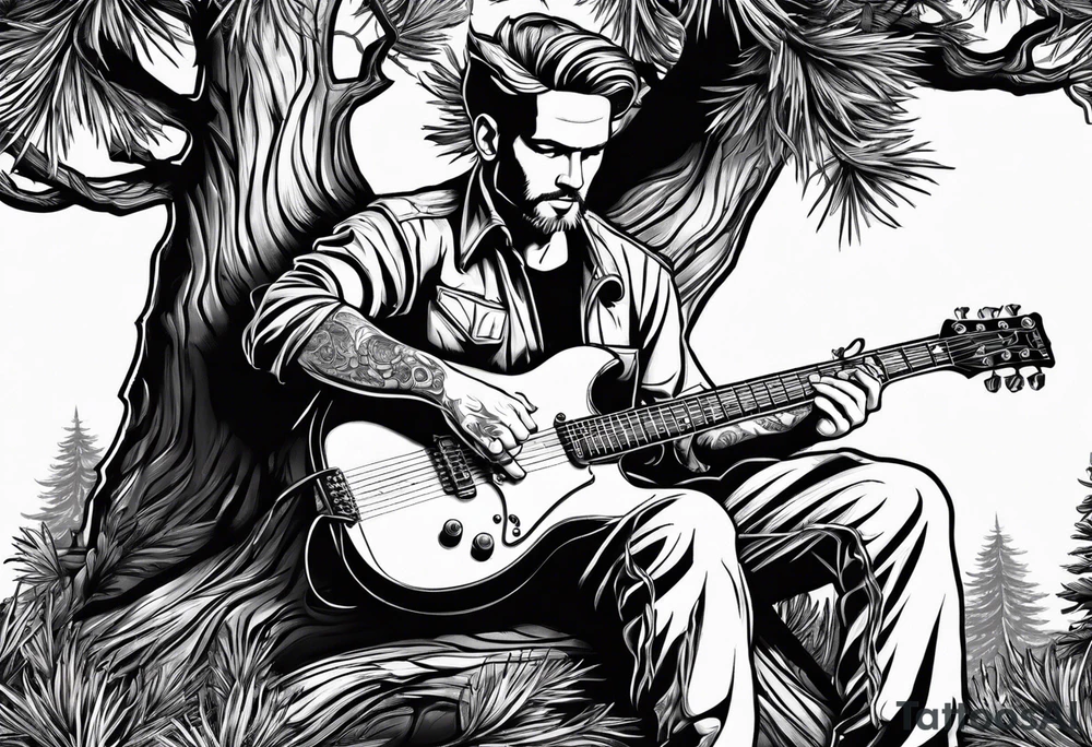 a cartoon drawing of a man sitting in a pine tree playing electric guitrar tattoo idea