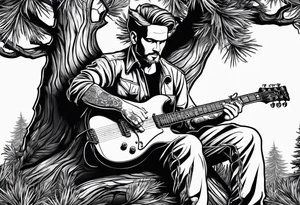 a cartoon drawing of a man sitting in a pine tree playing electric guitrar tattoo idea