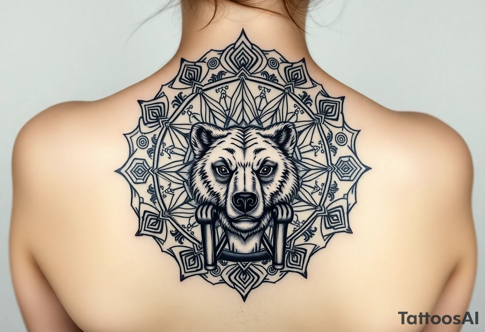 intricate mandala with sacred geometry and cosmic elements and a guy in an electric chair and his eyes are blown out but a face like a short nosed bear bear tattoo idea