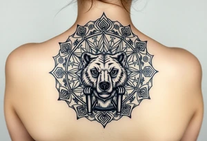 intricate mandala with sacred geometry and cosmic elements and a guy in an electric chair and his eyes are blown out but a face like a short nosed bear bear tattoo idea