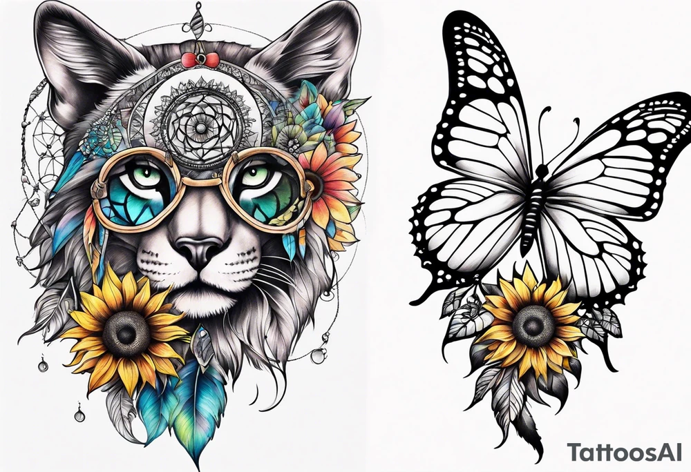 Quarter Leg sleeve with dreamcatcher, rainbow sunflowers and one butterfly tattoo idea