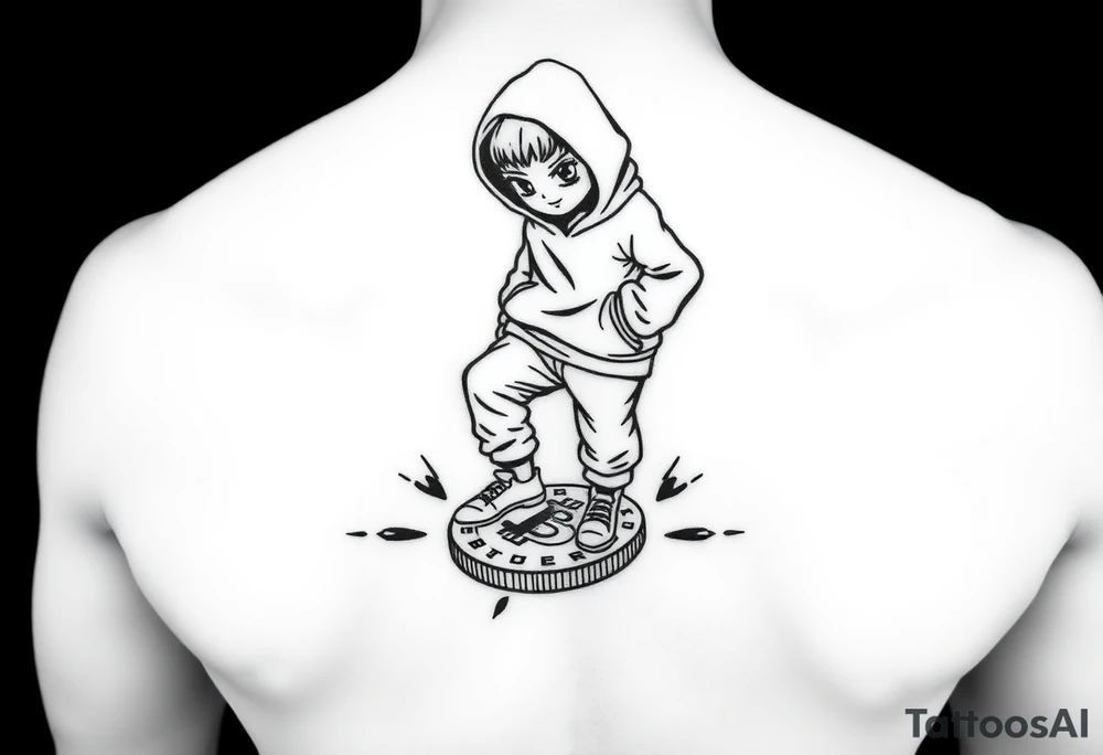 Create a custom neck tattoo stencil Use a street-art / pop-art vibe (cartoon figures, bold lines, “x” for eyes). Have the main character stepping on a bitcoin, make them have on a hoodie and jogger sweatpants tattoo idea