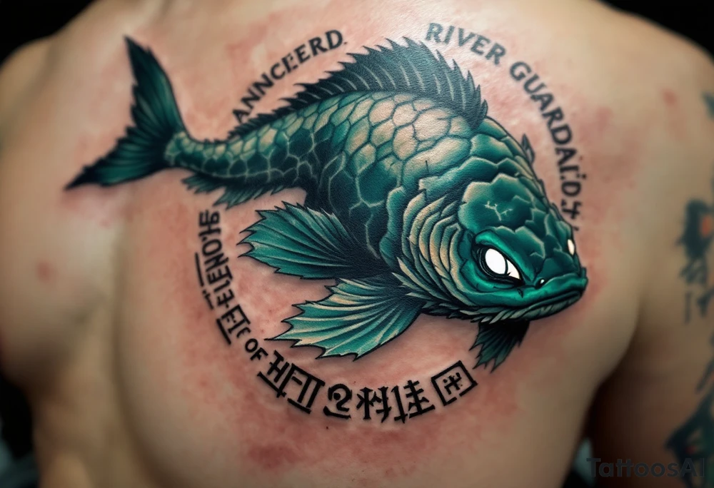 Ancient River Guardian – A massive, mythical catfish with dark jade-green scales, weathered stone-like skin, and glowing white eyes, surrounded by ancient river symbols and rune-like markings. tattoo idea