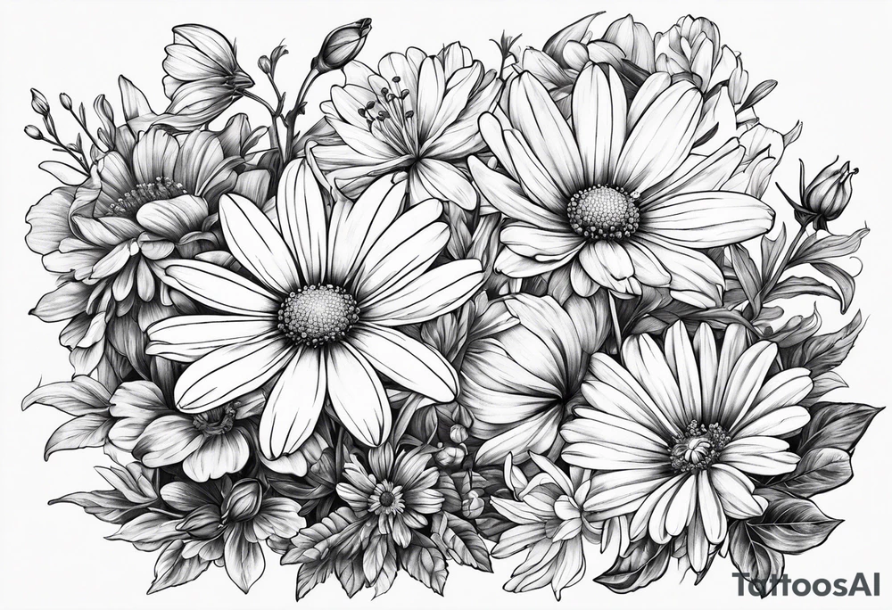 Daisy honeysuckle cosmos snowdrop tattoo idea