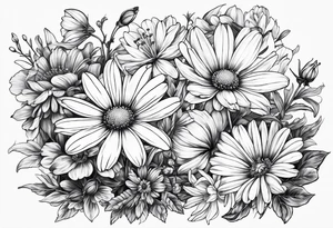 Daisy honeysuckle cosmos snowdrop tattoo idea