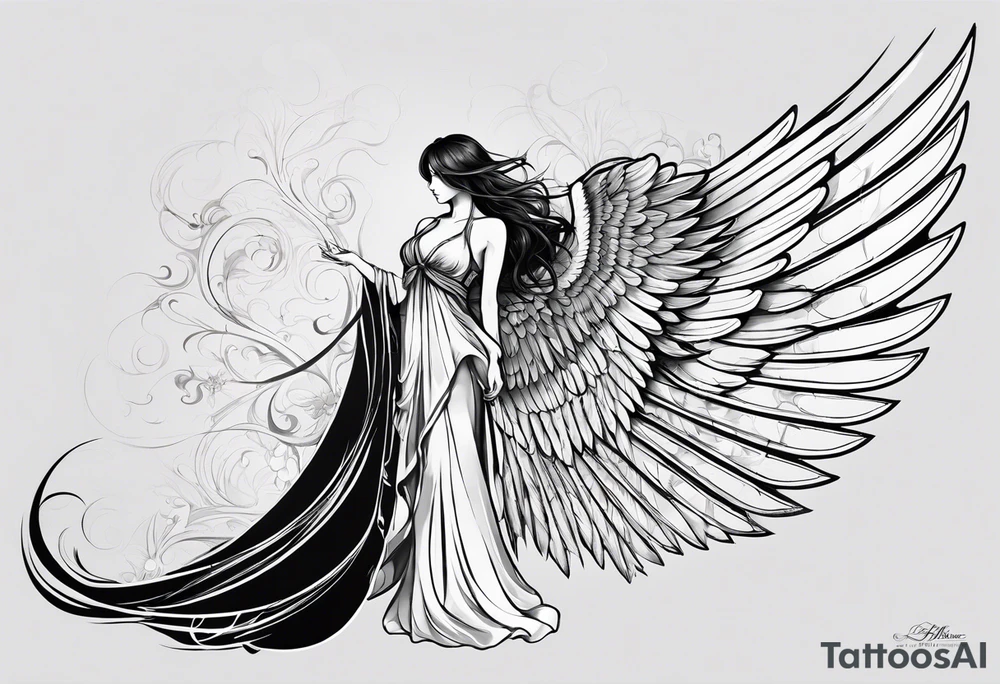 Angel right wing, side way with name Leah written in gothic letters. tattoo idea
