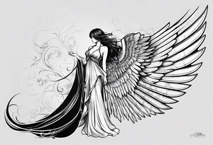 Angel right wing, side way with name Leah written in gothic letters. tattoo idea