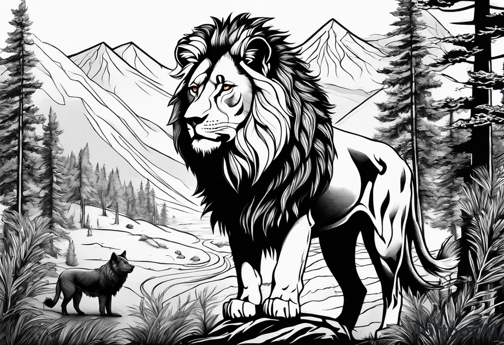 lion and a wolf combined whit a forest tattoo idea