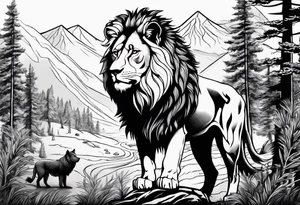 lion and a wolf combined whit a forest tattoo idea