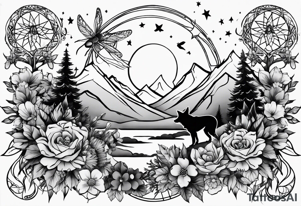Stars, antlers, dogs, wolf, mountains, flowers, plants, dragonfly, dream catcher, birds
Design for my forearm and fist 
Nothing big or centered tattoo idea