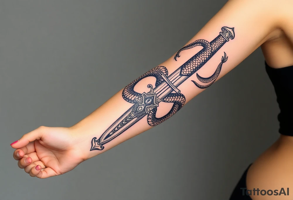 mystical snake coiled around an ancient dagger with jeweled hilt tattoo idea