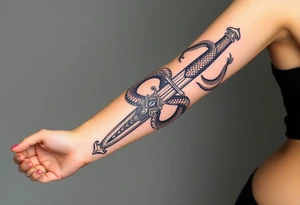 mystical snake coiled around an ancient dagger with jeweled hilt tattoo idea