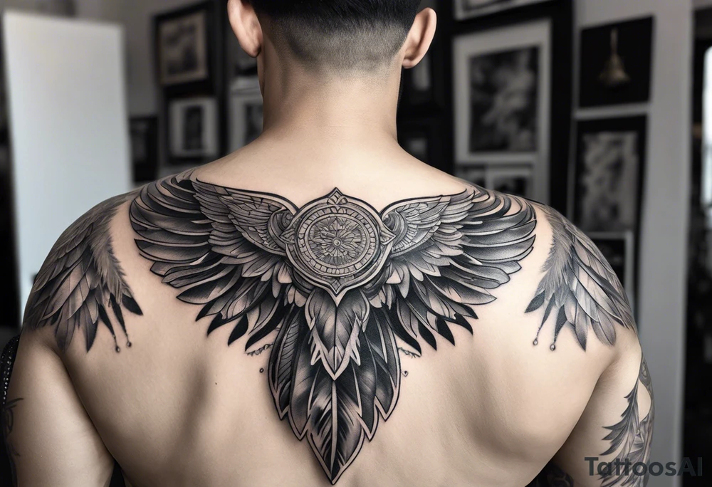 wings tattoo extending from a mens shoulders, covering the upper arms and upper back. The feathers are intricately detailed, with soft shading in black and gray to create depth and texture. tattoo idea