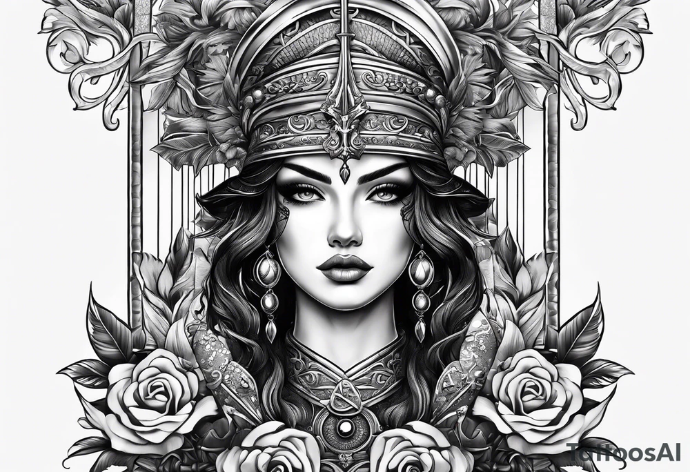 with lady juctice emblem a sword and a scale tattoo idea