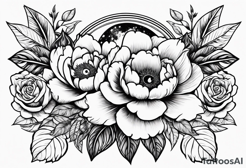 Peonies leaves roses evil eye moon stars triangles tattoo idea