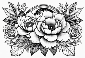 Peonies leaves roses evil eye moon stars triangles tattoo idea