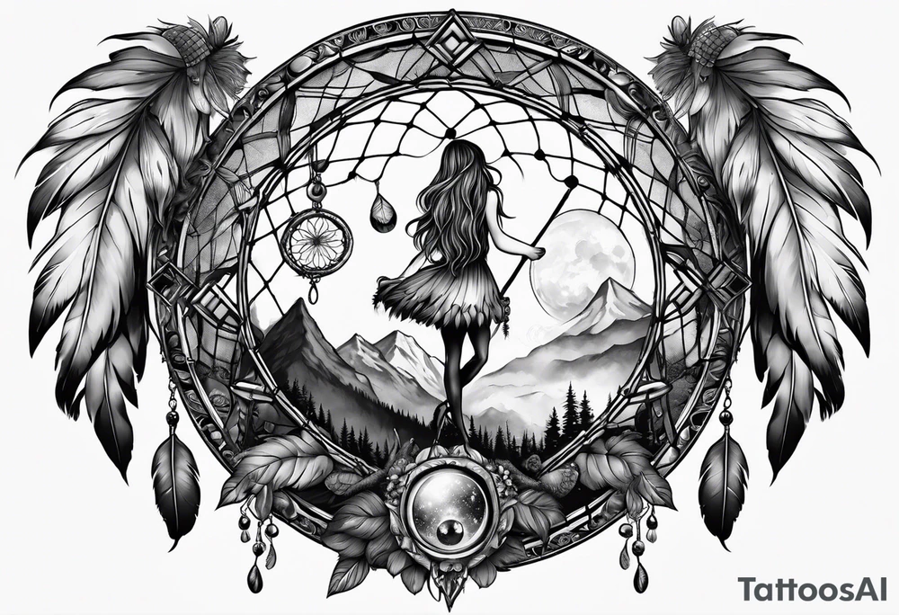 A fairies with mushrooms and eyeballs in a dreamcatcher with feathers tattoo idea