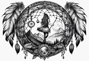 A fairies with mushrooms and eyeballs in a dreamcatcher with feathers tattoo idea