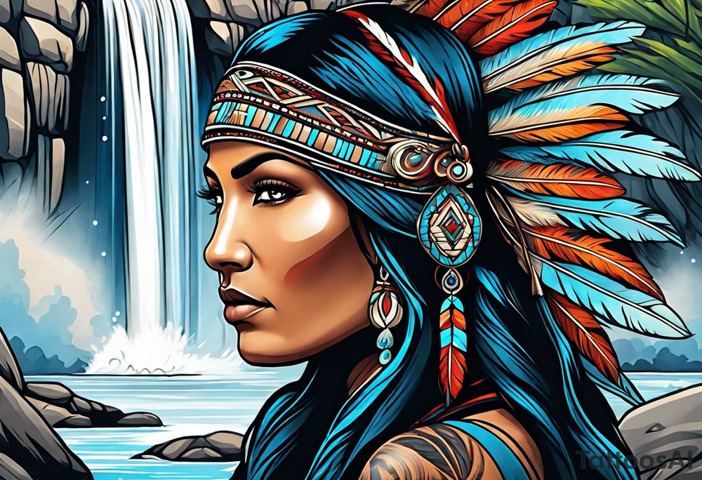 A native American Indian woman by a waterfall she is Aquarius water barrer she has tattoos and her eyes can see right through you tattoo idea