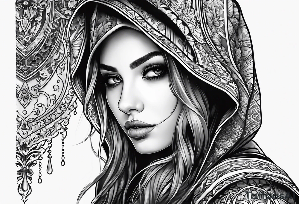 Hidden gothic hooded girl tattoo idea