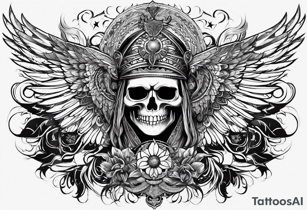 black kali, goddess pirate, alien, pachamama, valkrye, warrior, skull, lotus azul, wing, eagle, zenza resonance, stars, 5D tattoo idea