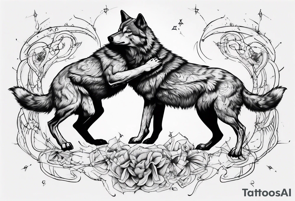 two wolves dancing on their hind legs. they should be facing each other and obviously dancing. they should be very basic with not many details within their shapes. tattoo idea