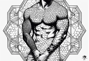 Honeycomb ocean full leg sleeve male tattoo idea