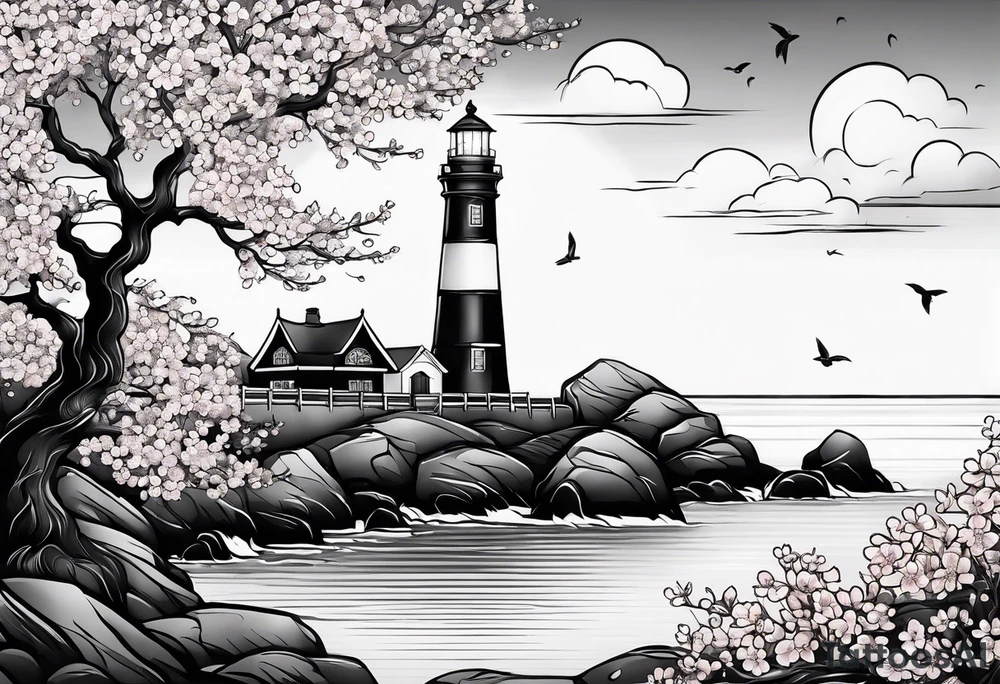 cherry blossom with lighthouse tattoo idea