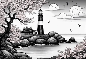 cherry blossom with lighthouse tattoo idea