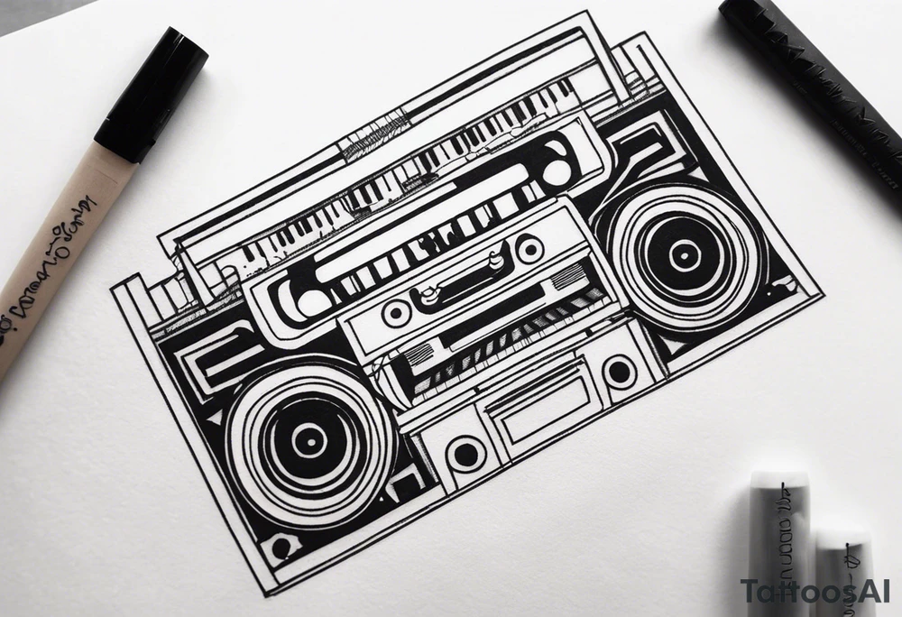 geometric tattoo with music notes, a cassette tape, and
instruments tattoo idea