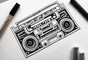 geometric tattoo with music notes, a cassette tape, and
instruments tattoo idea
