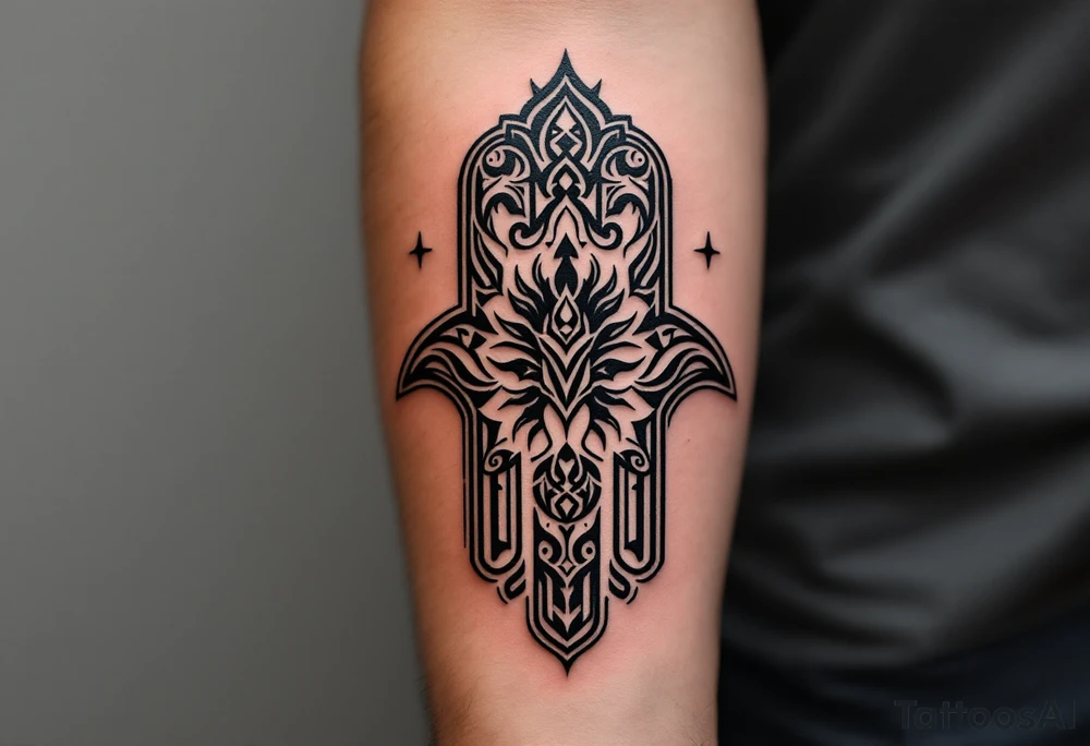 A tribal-inspired Hamsa with bold black lines and ancient symbols, evoking strength and ancestral protection. tattoo idea