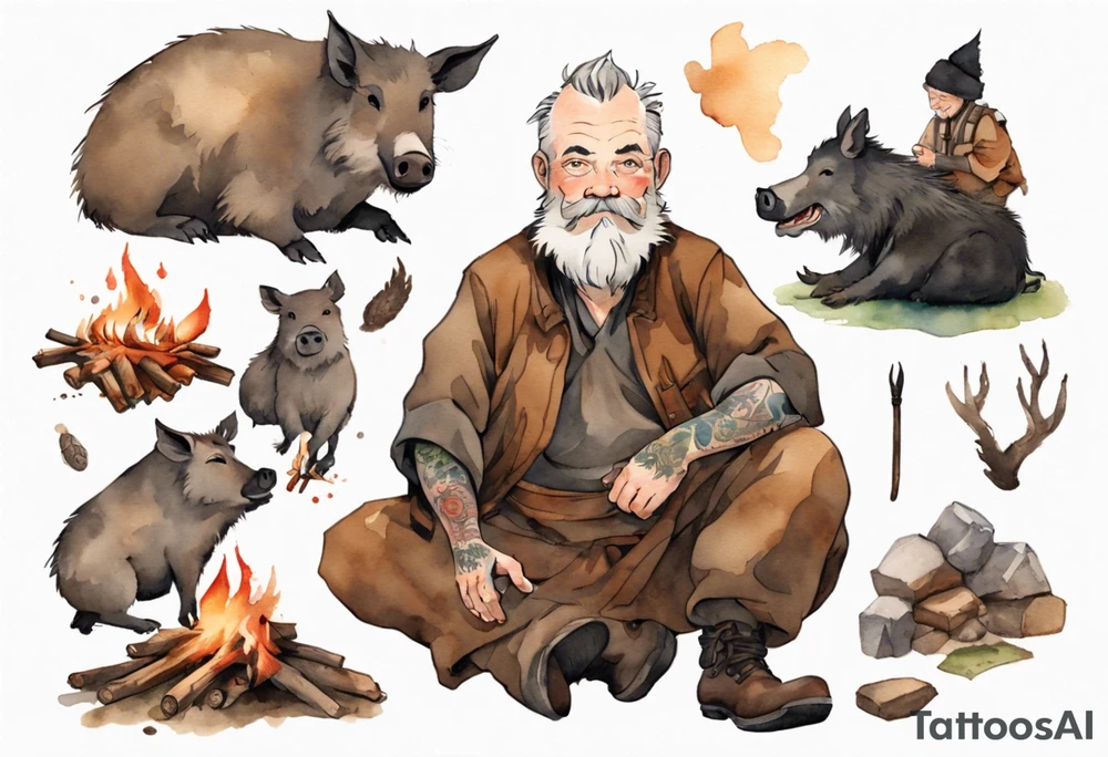 a 55-year-old large Bavarian man with a grey beard wearing a brown and black tunic sitting by a campfire with his pet boar tattoo idea