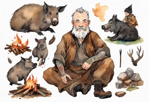 a 55-year-old large Bavarian man with a grey beard wearing a brown and black tunic sitting by a campfire with his pet boar tattoo idea